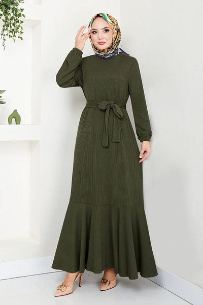 ModaMerve Χακί Hijab Φόρεμα - Ελαστική μανσέτα, Μοντέλο 285DVL817-M