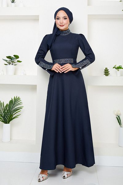 ModaMerve Βραδινό φόρεμα με λεπτομέρεια Navy Blue Stone - ASN174