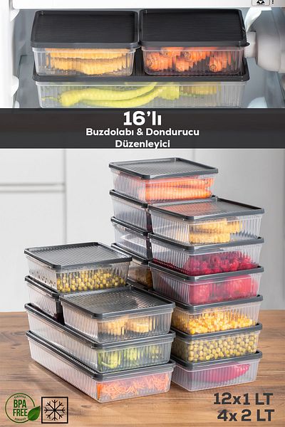 Porsima 1101-1169 16-Piece Anthracite Fridge Organizer - Microwave, Deep Freezer and Freezer Pulses Storage Container