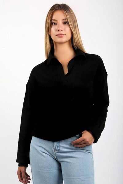 Seeh Pulover negru cu gât polo de bază SH123