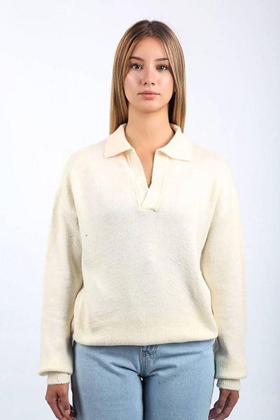 Seeh Pulover alb cu guler polo de bază SH123
