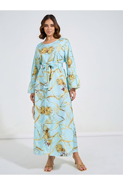 Styli Chain Print Jalabiya with Tie Belt