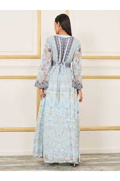 Maxim Creation By Styli Rhinestone Detail Digital Print Belted Jalabiya