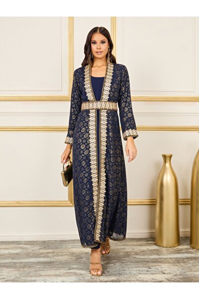 Maxim Creation By Styli Foil Print Thread Embroidered Stone Detail Belted Kaftan