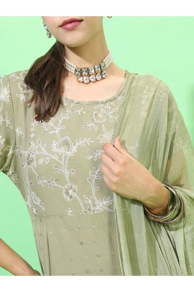 Vishudh By Styli Embroidered Ethnic Maxi Dress with Dupatta Set