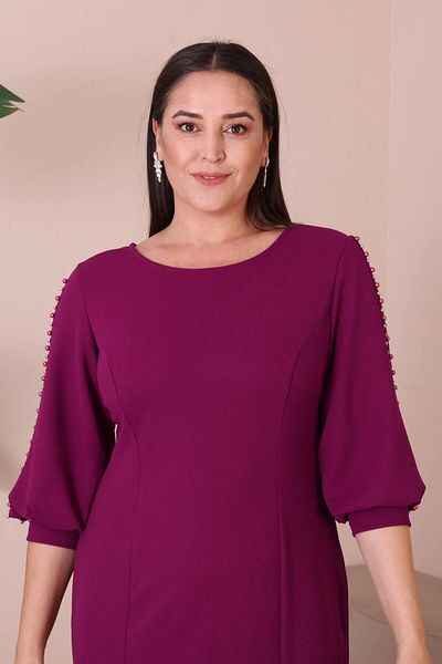 ZISHAN Row Pearl and Tulle Detailed Scuba Plum Plus Size Women's Evening Dress 014