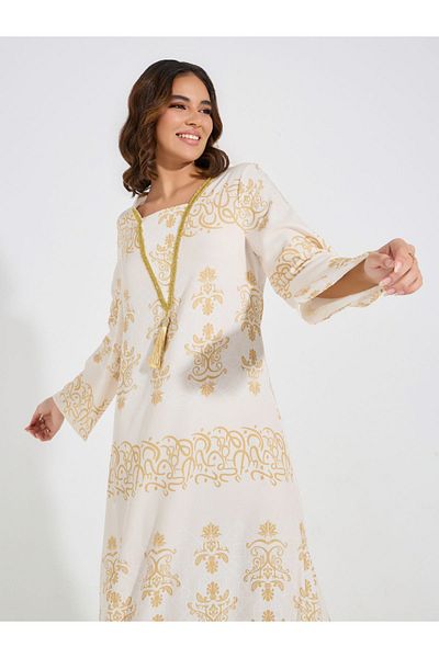 Take Two By Styli Foil Print Embellished Jalabiya Dress with Tassel