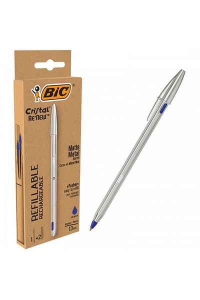Bic Cristal Renew Metal Body Ballpoint Pen Blue (2 PIECES REFIL GIFT)