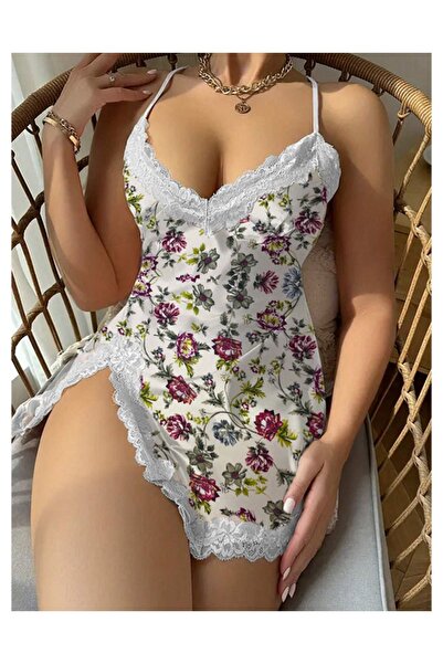 randevu Mini cămașă de noapte din dantelă florală din satin alb