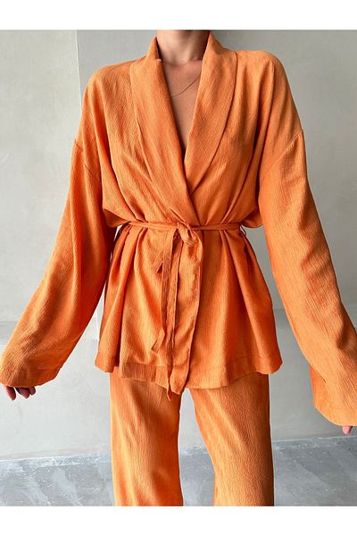 Laluvia Orange Kimono and Trousers Set - Shawl Collar