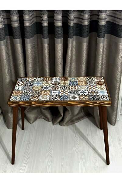 SİNA HOME DESİGNS Ceviz Sehpa Ahşap Tekli Yan Seramik Sehpa