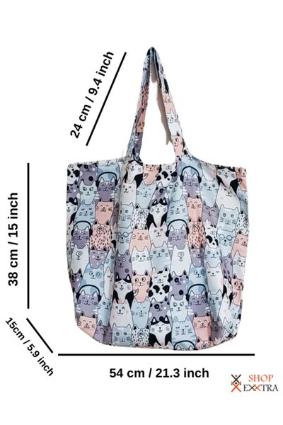 shopExxtra Geantă de plajă din in cu model Pisici care ascultă muzică - Umăr și cumpărături 54x38 cm