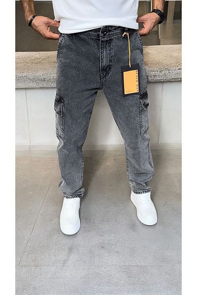 DENIM MAN Men's Gray Baggy Fit Cargo Pants