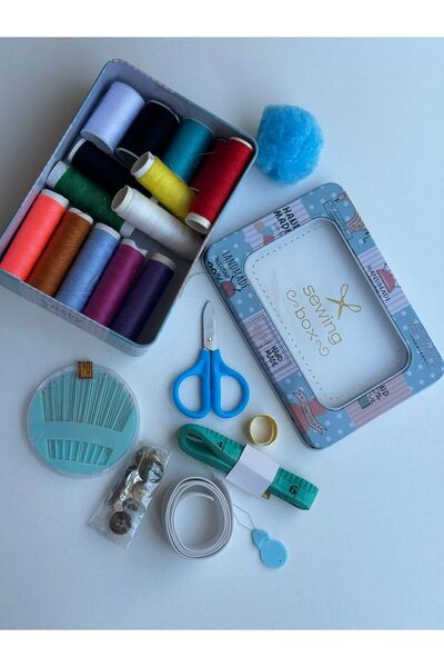 Gondol Dikdörtgen Teneke Kutu Dikiş Seti (14 adet Dikiş İpi, Makas, Mezura, İğne Seti ve Dikiş Aksesuar)
