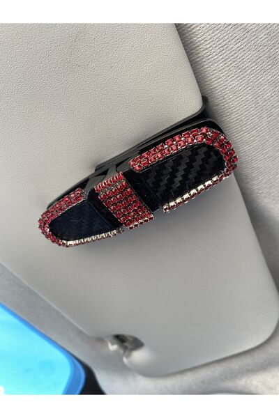 Oto Aksesuarcım Kristal Taşlı Gözlük Kart Tutacağı 2 Klipsli 180° Döner Siyah...