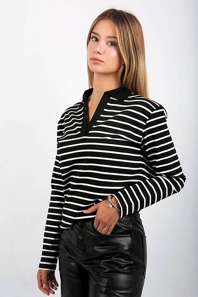 Seeh Hanorac negru cu dungi cu gât polo SH117