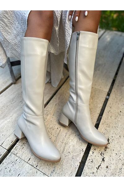 İnan Ayakkabı Beige Skin Women's Side Zipper Boots (5 cm) Heel Height