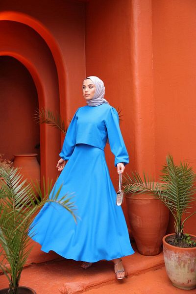 MYGİYİMİSTANBUL Balloon Sleeve Hijab Attached Crepe Skirt Set