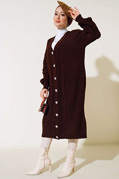 Kirazgym Cardigan lung de tricotaj - cu nasturi de piatră și detaliu de trico...