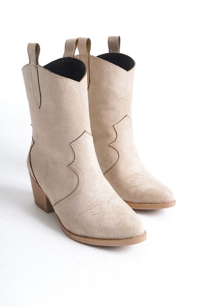 SEEM & BE Elvira Suede Embroidered Cowboy Beige Γυναικείες Μπότες - Western