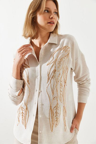 Bianco Lucci Long Sleeve Sequined Linen Women's Shirt - 60251784