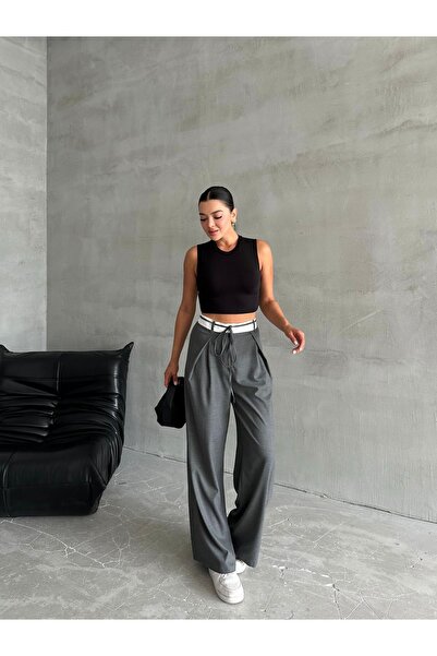 Laluvia Anthracite Rope Belt Design Trousers-3576