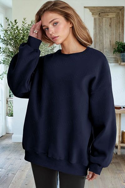 Millionaire Women's Navy Blue Basic 0 Crew Neck Unprinted Plain Oversize Loose Loose Fit Fleece Sweatshirt