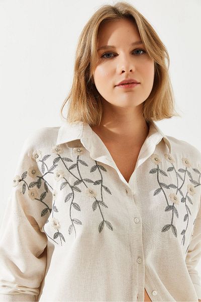 Bianco Lucci Long Sleeve Floral Embroidered Linen Women's Shirt - 60251783