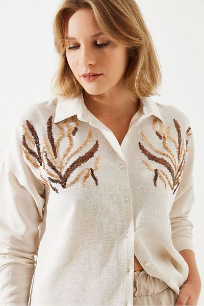 Bianco Lucci Long Sleeve Sequined Linen Women's Shirt - 60251782