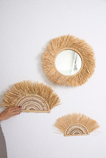 Maison Avf 3'lü Set Rafya Ayna- Hasır Yelpaze Ahşap Boncuk Halat Makrome İp D...