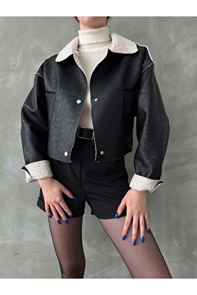 GNSGİYİM Късо палто от черно набук с яка