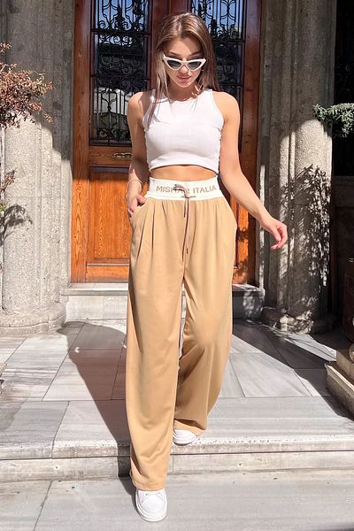 GÜLSELİ Γυναικείο παντελόνι Camel Palazzo με στάμπα ψηλόμεσο - Ελαστική μέση
