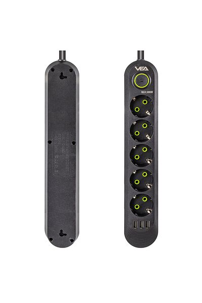 VEA Va-21561 5 قطع 1.5 متر كابل 3 USB مقبس أسود محمي من التيار