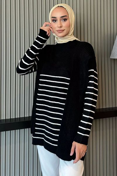julude Μαύρο Πλεκτό Πουλόβερ Hijab με ριγέ λαιμόκοψη και κασκόλ