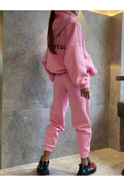 Machetta Kadın I Dont Care Baskılı Sweatshirt Eşofman Altı  3 İplik Ikili Takım