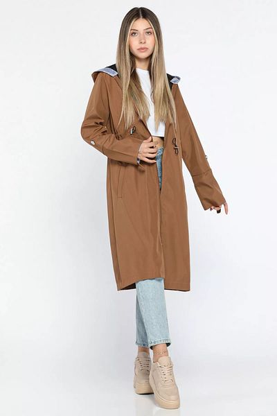 GÜLSELİ Γυναικεία μακριά καμπαρντίνα Camel - με κουκούλα και ελαστική μέση