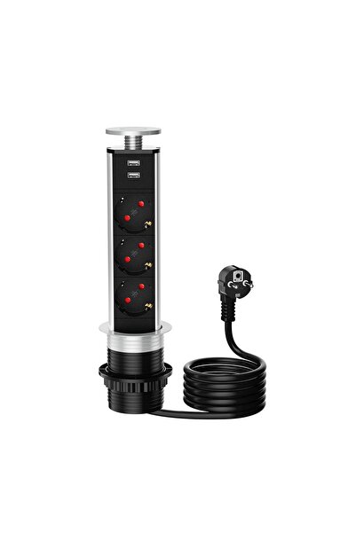 VEA VE-24063 Üçlü 1.5 Metre Kablolu İki USB'li 80mm Masaüstü Priz | Pratik ve...