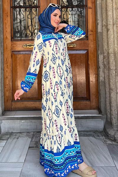 julude Rochie Hijab din viscoză - albastră, cu detaliu de cravată în față, imprimeu și volane