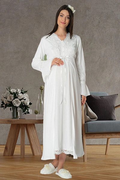 Mecit Pijama طقم قطن بأكمام طويلة وياقة بأزرار قابلة للفتح مكون من قطعتين للحوامل (ثوب نوم)