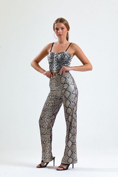 Sense Beige Black Snake Pattern Wide Leg Sequin Trousers - Pnt32440