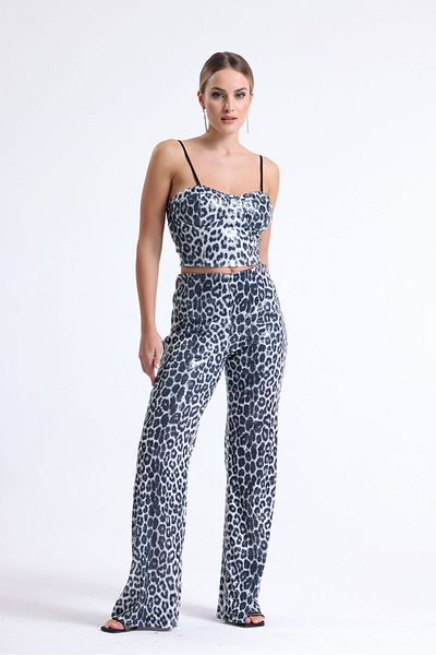 Sense Wide Leg Sequin Trousers| Pnt32440 Black Silver Leopard