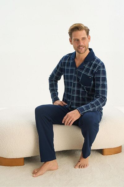 Sevim Navy Blue Men's Pajama Set - Long Sleeve, Shirt Collar, Buttoned Front C9T1N5O9