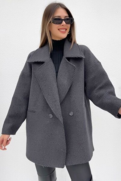 Ottawe Geniş Çentikli Ceket Yaka Düğme Kapamalı Çift Cep Rahat Kalıp Tarz Diz...