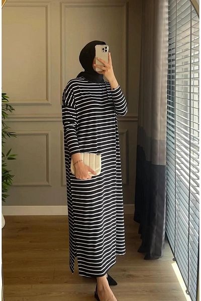 ALLMİRA FASHION Oversize Hijab Dress - Black and White Striped
