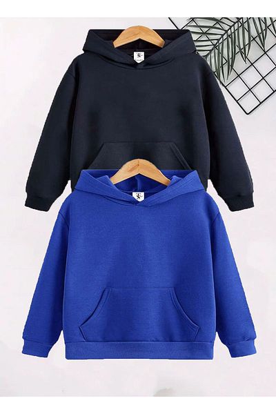 twins tailors Unprinted 2-Pack Unisex Saks Blue-Navy Hooded Children's School Sweatshirt with Fleece Inside