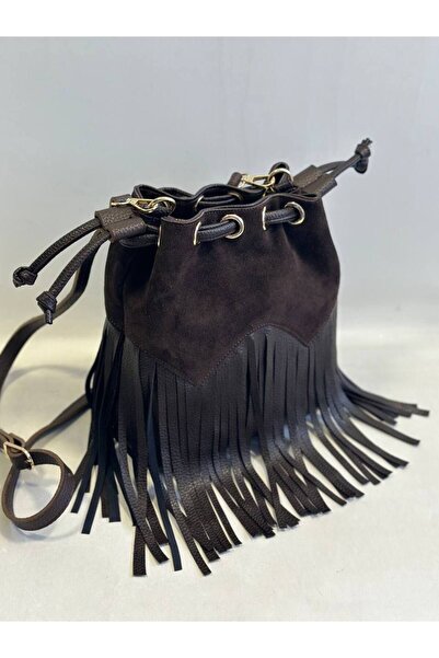 HFKY Kadın Desing Deri Püskül Detaylı Büzgülü Süet El ve Omuz Çantası.RY308