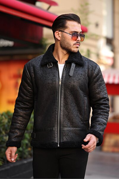 Mero Life Υψηλής ποιότητας δέρμα Napa - Full Fur Slim Fit Μαύρο Ανδρικό Παλτό & Μπουφάν