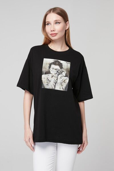 Seamoda Girl Printed Comfortable Oversize T-Shirt - Large Size, Black