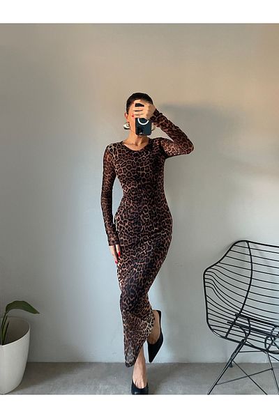 ALBATROS BUTİK Γυναικείο μακρυμάνικο φόρεμα με σχέδιο Leopard