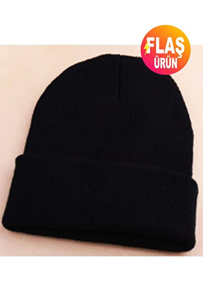 KEMSON Winter Unisex Knitted Soft Black Wool Beret - Folded Design